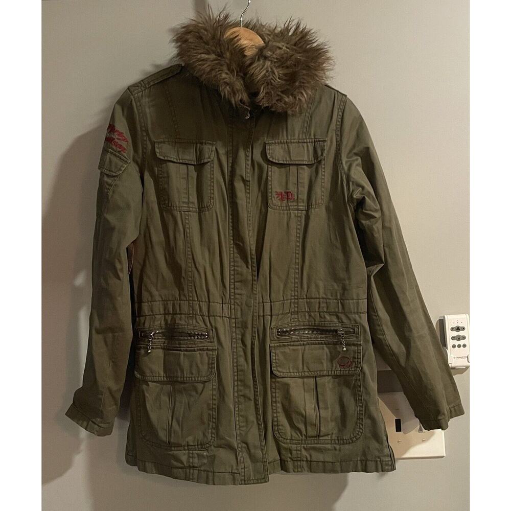Harley Davidson Jacket Canvas‎ Cotton Faux Fur Collar Utility Womens Medium